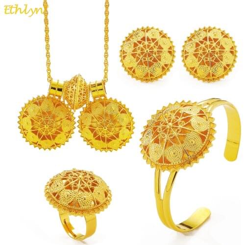 4Pcs Ethiopian Bride Gold Color Jewelry Sets Necklace Bangle Earrings & Free Size Ring Eritrean /Habesha Wedding Gift MY158