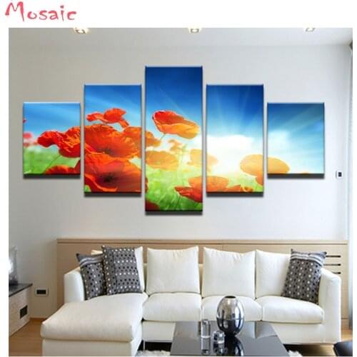 5PCS,Diamond painting,diy Diamond embroidery,Cross stitch,Sunlight poppy Flower Blue Sky,Unfinished decorative,wallpainting