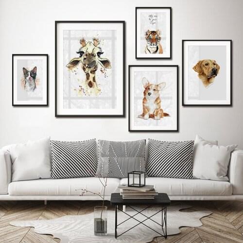 Watercolor Animals Poster Corgi Puppy Tiger Giraffe Print Nursery Wall Art Canvas Painting Picture Modern Kids Room Home Decor