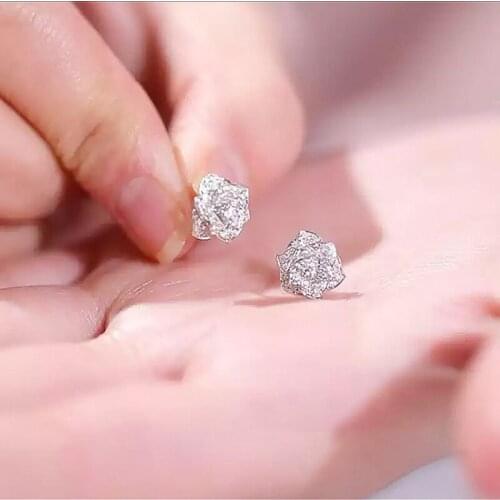 Shiny Diamond Flower Stud Earring for Women Silver Color Delicate Anniversary Gift Lady Stylish Accessories Ear Earring