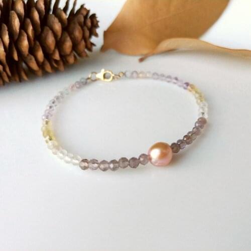 Lii Ji Genuine 3-4mm Multi Color Super 7 Phantom Quartz Freshwater Pearl Bracelet US 9K GF Elegance Bracelet Jewelry