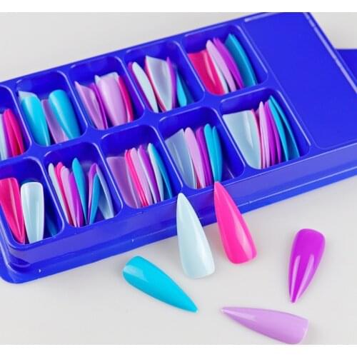 Long Stiletto Acrylic Nails 100pcs /box Mix 5 colors Pink White Purple Stiletto Nails Acrylic Nails Colorful Nail Tips Salon