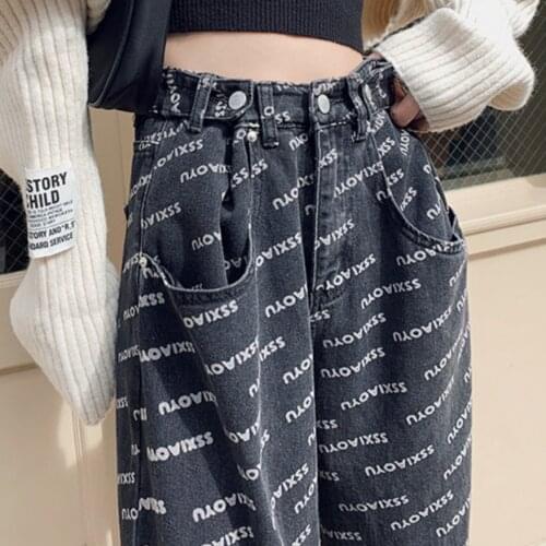 Gothic Mom Jeans High Waist 2021 New Straight Loose Mopping Pants Gray Letter Print Wide-leg Trousers Streetwear 90s Aesthetic