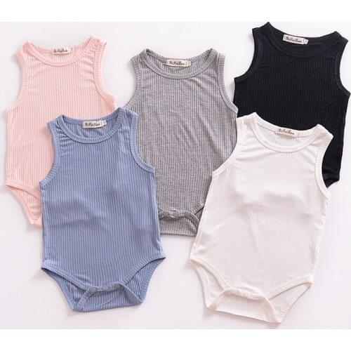 Hibobi 2021 Summer Baby Unsex Jumpsuit Solid Sleeveless Knitted Bodysuit Pajamas 3-18 Months