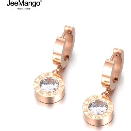 JeeMango Classic Round Roma Number Titanium Steel Hopp Earrings Charming CZ Crystal Wedding Earrings Jewelry For Women JE18041