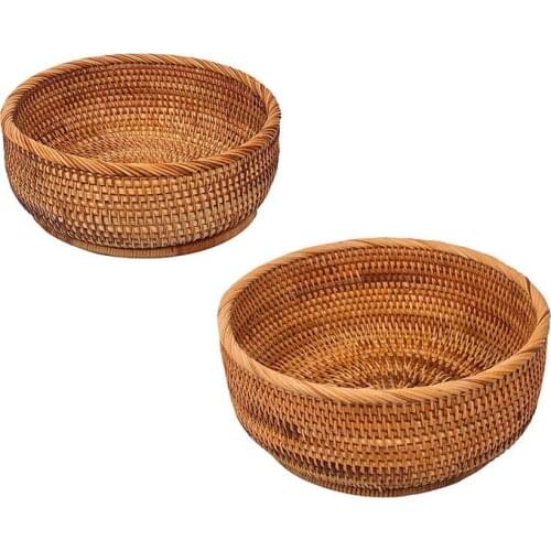 Handmade Rattan Round Bread Basket Wicker Tabletop Fruit Serving Tray Weaving Food Storage Bowls(2-Size Kit, L&M)