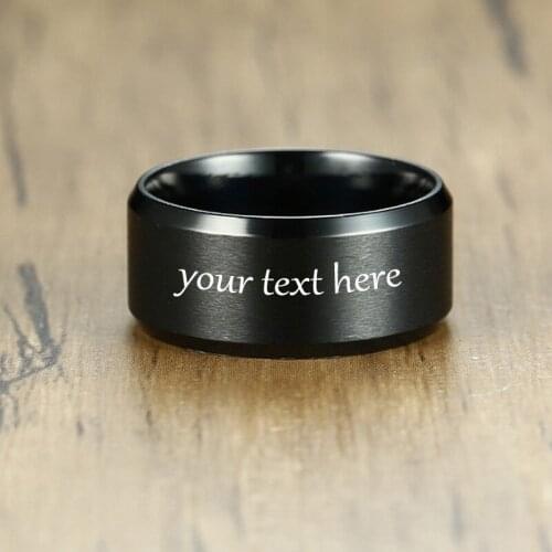 Cutsom Mens Black Ring Stainless Steel Plain Wedding Brands 10mm Personalized Text Logo Name Big Size