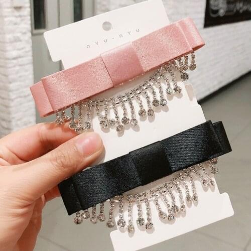 New Korean Snap Hair Clips Pink Princess Bow Flash Rhinestone Tassel French Hairpins Hairgrip Luxury Hair Accessories for Women