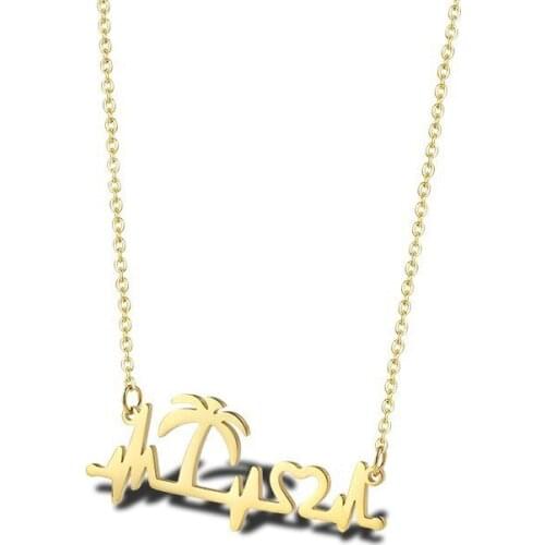 RIR Palm Tree Coconut Tree Electrocardiogram Necklaces Heartbeat Love Heart Copper Pendant Necklace Tropical Summer Jewelry