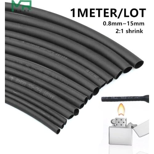 1 METER/LOT 2:1 Black 0.8mm~10mm Polyolefin Cable Sleeves Electronic component DIY Connector Repair heat shrink tube