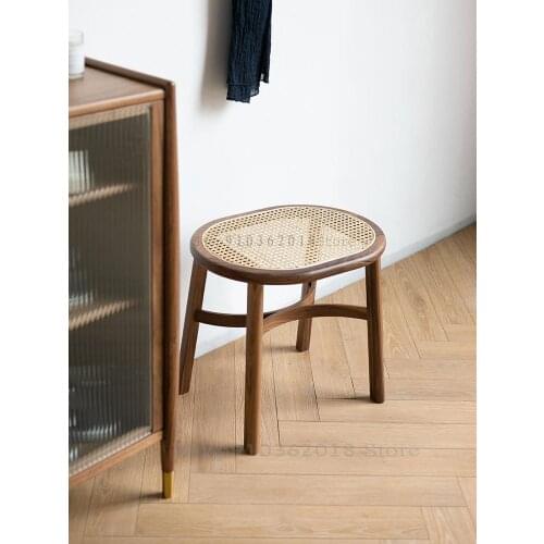 Retro Nostalgic Bedroom Home Dressing Stool Nordic Solid Wood Rattan Oval Black Walnut Shoe Changing Stool