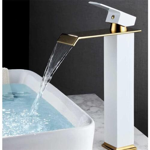 Basin Faucet Gold and White Waterfall Faucet Brass Bathroom Faucet Bathroom Basin Faucet Mixer Tap Hot and Cold Sink Faucet