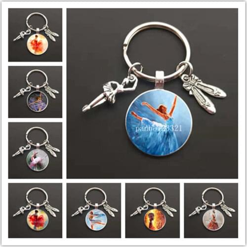 Dancing girl ballet gymnastics activities round glass cabochon keychain car keychain ring holder pendant gift