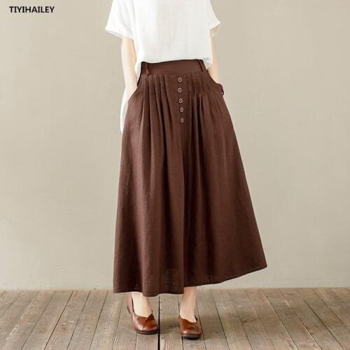 TIYIHAILEY Free Shipping 2021 New Long Maxi Elastic High Waist Women Cotton Linen Skirts Spring Summer Black Plaid A-line