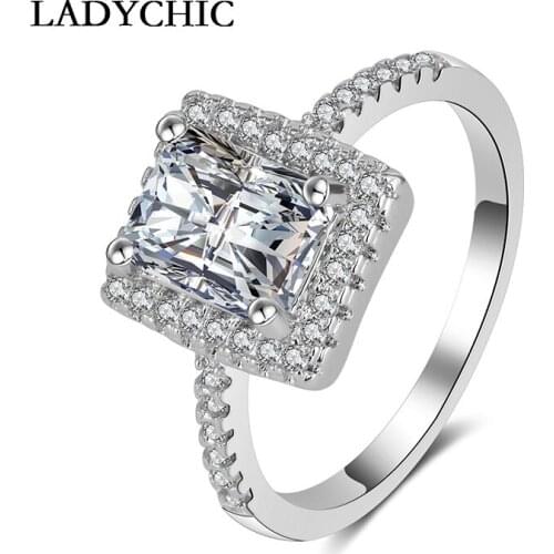 LADYCHIC High Quality Fashion Princess Cut Rings for Women , Big Clear Zircon Engagement Ring Wedding Party Jewelry LR1013
