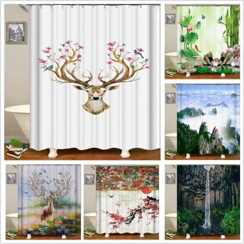High Quality Flowers Bird Elk Animal Fabric Shower Curtain Beautiful Natural Landscape Bath Curtains Bathroom Decor with Hooks