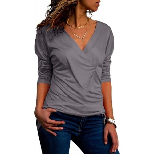 2019 Long Sleeve T-Shirt Women Casual Slim Tops Tee Shirt Femme Wrinkle Sexy V-Neck Female T Shirts Office Blusas Mujer Big Size
