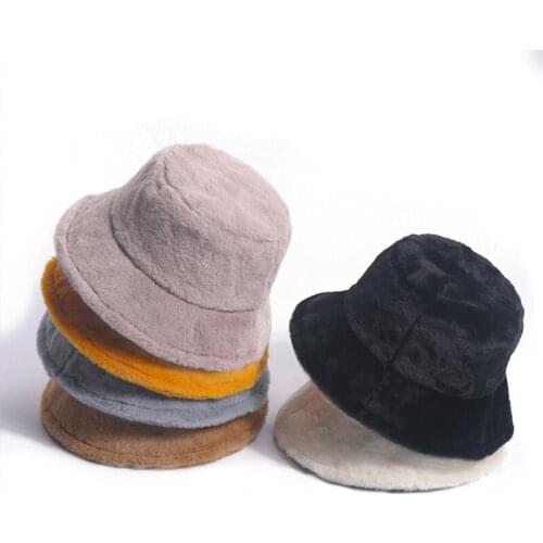 Korean Women Winter Fuzzy Plush Bucket Hat Ear Warmer Short Brim Sunscreen Round Top Thicken Windproof Packable Panama Fisherman