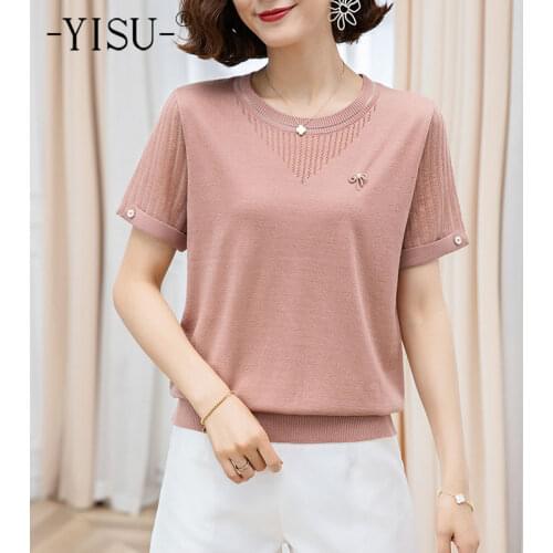 YISU 2021 Casual Knitted Sweater Women Loose Jumper Summer New Female Pullover O neck Short sleeve Solid color sweater