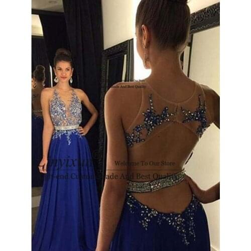 Sexy Royal Blue A-line Prom Dresses 2020 Elegant Crystal Formal Prom Party Gown Long Evening Dress Tulle vestidos de gala