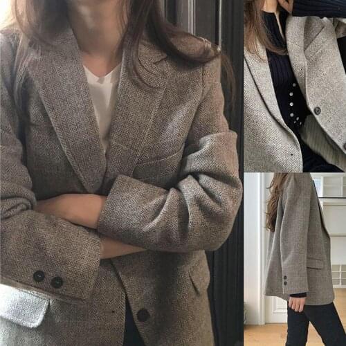 Korean Vintage Plaid Wool Jacket Women 2020 Autumn Winter Gray Woolen Coat Female Chic Blazers Outerwear abrigos para mujer