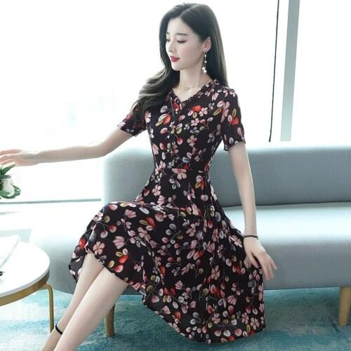 Summer 2020 fungus lace stitching chiffon printed slim big swing dress mid-length women