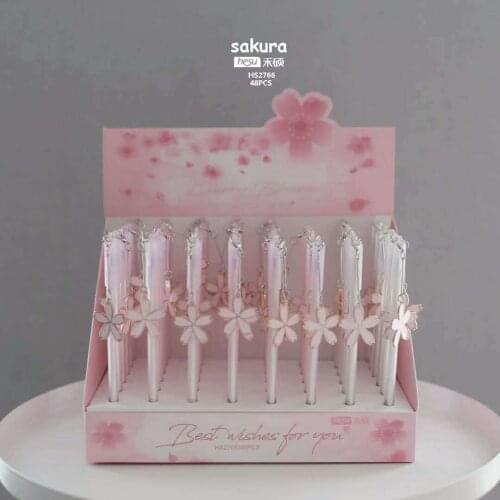 48pcs Creative Stationery Student Pen Cherry blossoms Gel Pen Needle Black Ink Pen School Supplies Office Supplies 0.5mm