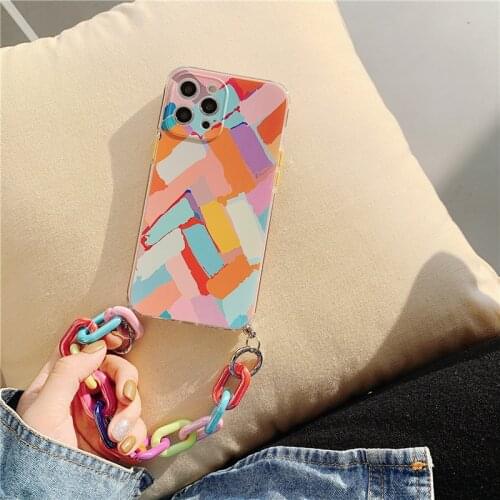 Art Oil Printing Phone Case for Iphone 12pro Max 11pro X Xr Xsmax Coque Celular Cover with Color Chain Ins Smartphone Fundas