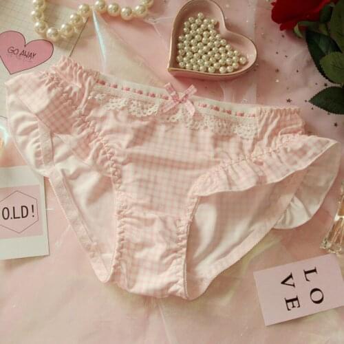 Kawaii Ribbon Bow Womens Ruffles Trim Panties Briefs Girls Milk Silk Underwear Daily Wear Plaid Checks/Rabbit/Heart