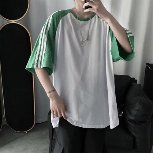 Korean Version Patchwork Stripe Contrast Color Hip Hop t Shirt Brief Punk Style Hight Street Clothes Half Slevees Harajuku Top