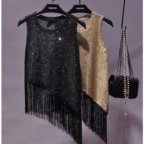 Korean Knitted Tank Top Women 2020 New Spring Summer Sequined Fringed Tank Shirt Gold Small Sling Sleeveless Shirts