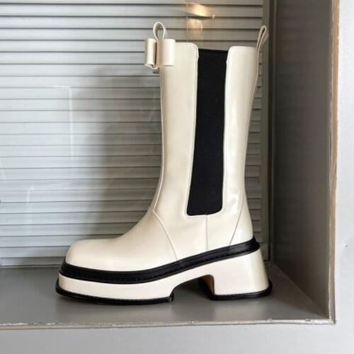 Martin Boots Leather Shoes Womens British Boots Autumn Mid-Calf Boots Chelsea Boots Fashion Womens Platform Heels Chunky Boots