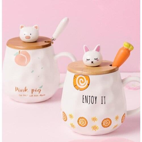 Cute Cartoon Mug Drink Water Coffee Cup Girl Heart High Value Ceramic Large Capacity Peach Pig Gift with Cover Spoon