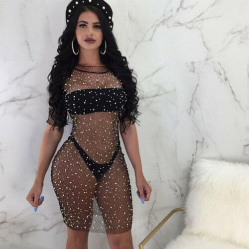 Summer Sexy Women Bathing Suit Cover-Ups Mesh Sequin Beading Bikini Cover Up Swimwear See-through Beach Dress Sundress Costume