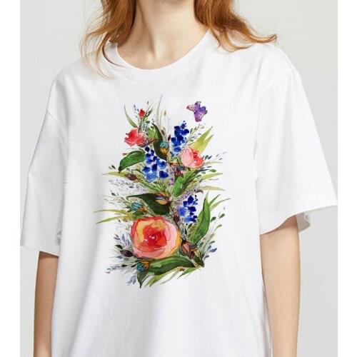 Summer Women T Shirt Colorful Flower Ullzang Tshirt Women Female Clothing Ladies Casual T-Shirt Aesthetic Shoer Sleeve White Tee