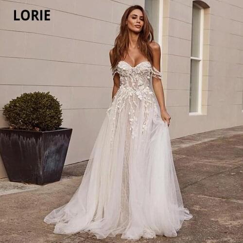 LORIE Lace Wedding Dresses Boho 2020 Off the Shoulder Appliques A Line Bride Dress Sleeveless Open Back Princess Wedding Gowns