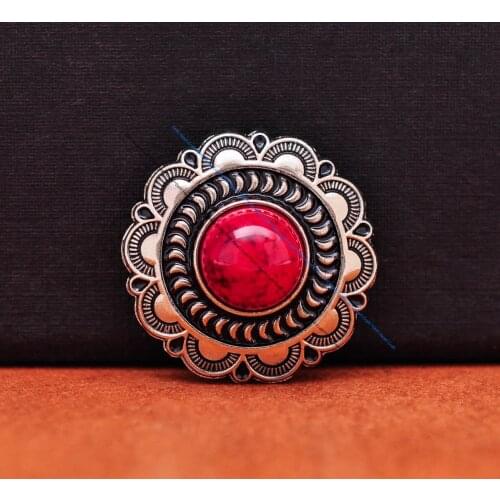 Lot 10X 25MM Vintage Silver Red Bead Cute Floral Conchos for DIY Leathercraft Backpack Bag Decor Sewing Shank Button