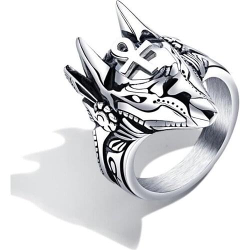 Stainless Steel Anubis Egyptian Cross Gold Wolf Head Men Finger Ring Jewelry For Him Size 7-12