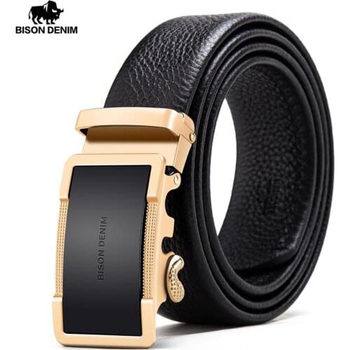 BISON DENIM Men Belt Automatic Buckle Genuine Leather Luxury Strap Men Belts Black Leather Fashion Buckle Belt for Male N71473