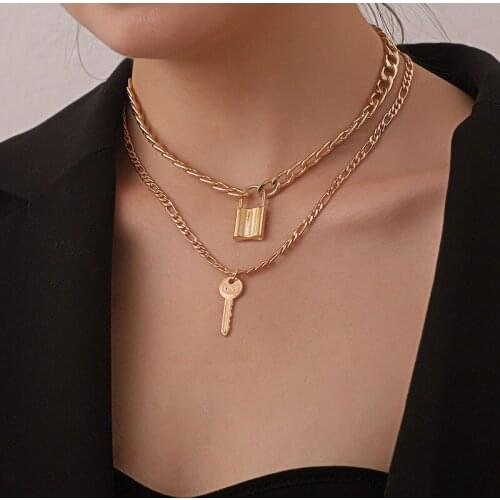 Vintage Punk Creative Lock Key Pendant Necklaces Women Double Layer Aluminium Thick Chain Geometric Clavicle Necklace Jewelry