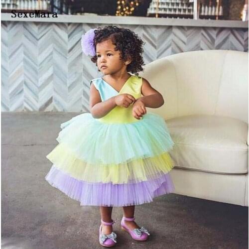 Rainbow Ball Gown Puffy Tulle Toddler Girl Glitz Pageant Dresses Baby Infant 1st Birthday Tiered Party Gown Photoshoot