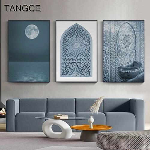Religious Muslim Building Canvas Painting Abstract Wall Art Pictures Islamic Wall Decor Blue Posters and Prints Living Room Deco