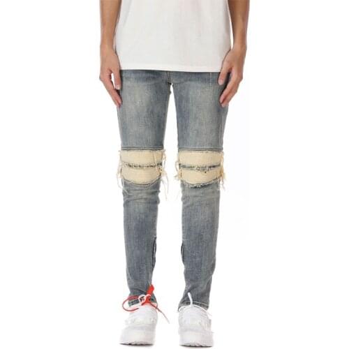 SEVEYFAN 2021 Mens Fashion Skinny Biker Jeans PU Leather Patchwork Ripped Denim Pants for Male