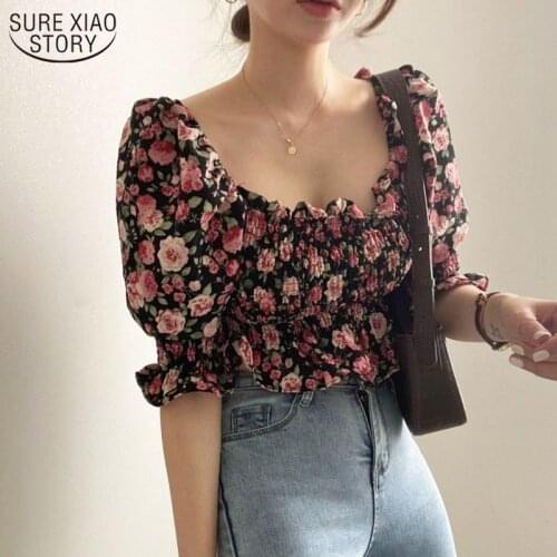 Chic Retro Flowers Printed Womens Shirt Loose Bubble Sleeve Top Female Sweet Square Collar Vintage Blouse Chiffon Blouse 14334