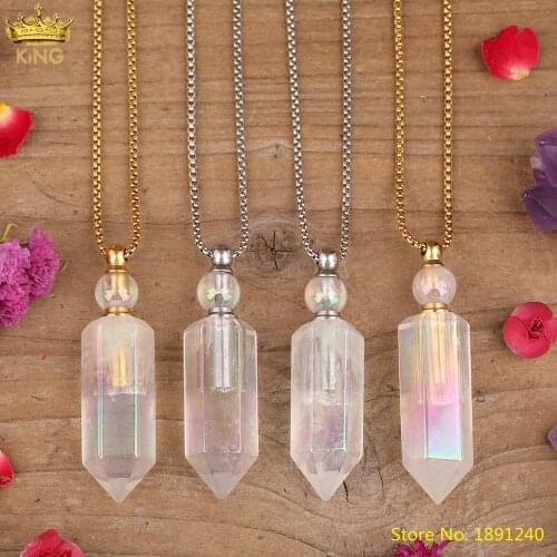 Titanium Rainbow AB Natural White Quartz Crystal Perfume Bottle Essential Oil Gold Pendant Necklace For Women Healing Jewelry