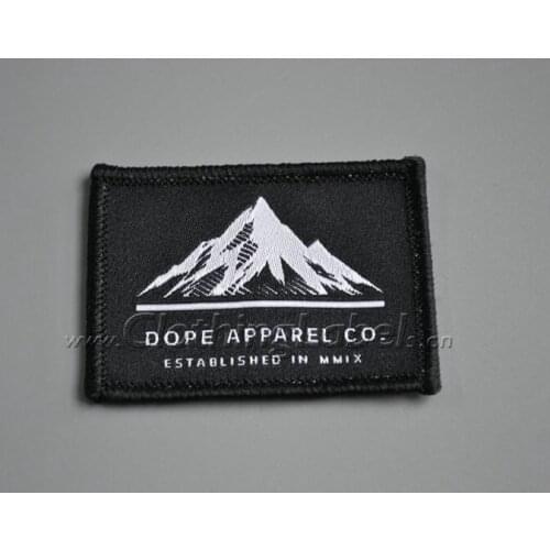 Custom woven patch for clothing, with over lock edge, with heat transfer glue on, low moq