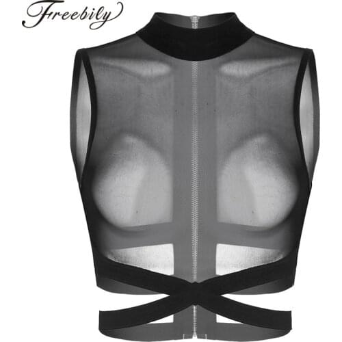 Womens Ladies Sexy Clubwear Tanks Sleeveless Round Neck Sheer Mesh Zipper Back Elastic Strappy Criss Cross Festival Crop Top