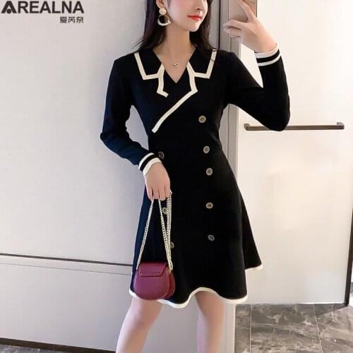 Button Knitted Dress fall Long Sleeve Turn-down Collar Vintage Bodycon dress mini sexy Party Elegant dresses Ropa Mujer vestidos