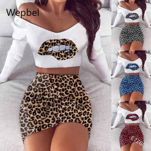 Wepbel Women Sets Plus Size Leopard Lips Two-Piece V-neck Womens Top + Skirt Sets Casual Female Suits 2 Piece Set Outfits