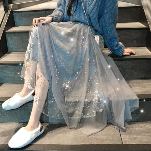 French Fairy Mesh Skirts Women High Waist Design Sequined Embroidery Midi Skirt Female Casual Korean Retro Casual Party Clothes